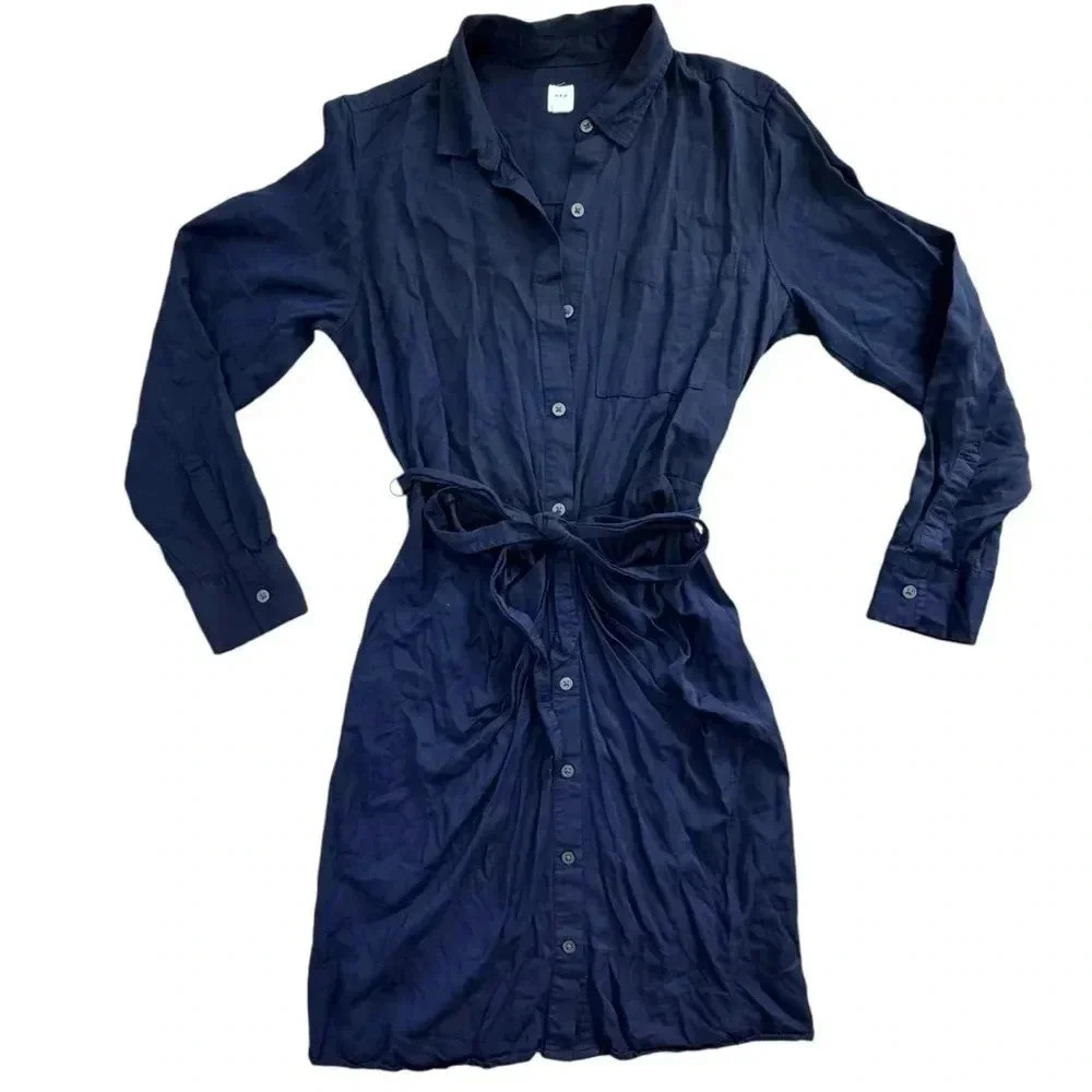 Gap Navy Blue Button Down Dress with Tie Waist Long Sleeve Small Knee Length